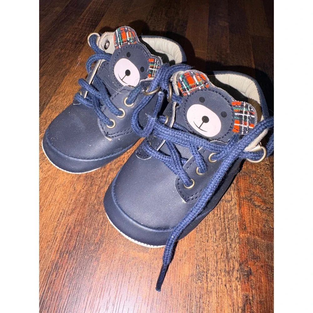 Goldbug Navy Blue Infant Bear Plaid Soft Sole Pre-Walker Boots Size 2